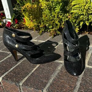 Loeffler Randall Size 10.5 Black Snakeskin Mary Jane Strappy High Heels Shoes‎